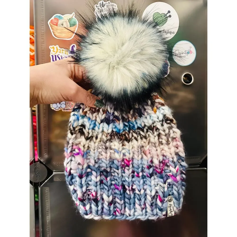 Hand Knit Scrappy Merino Wool Beanie: DefiKnitly Tasteful Knit Hat with Faux Fur